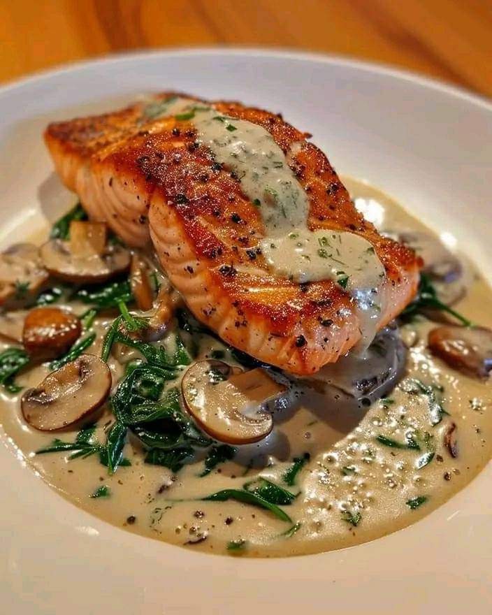Pan-Seared Salmon with Creamy Mushroom and Spinach Sauce - CYSSERO