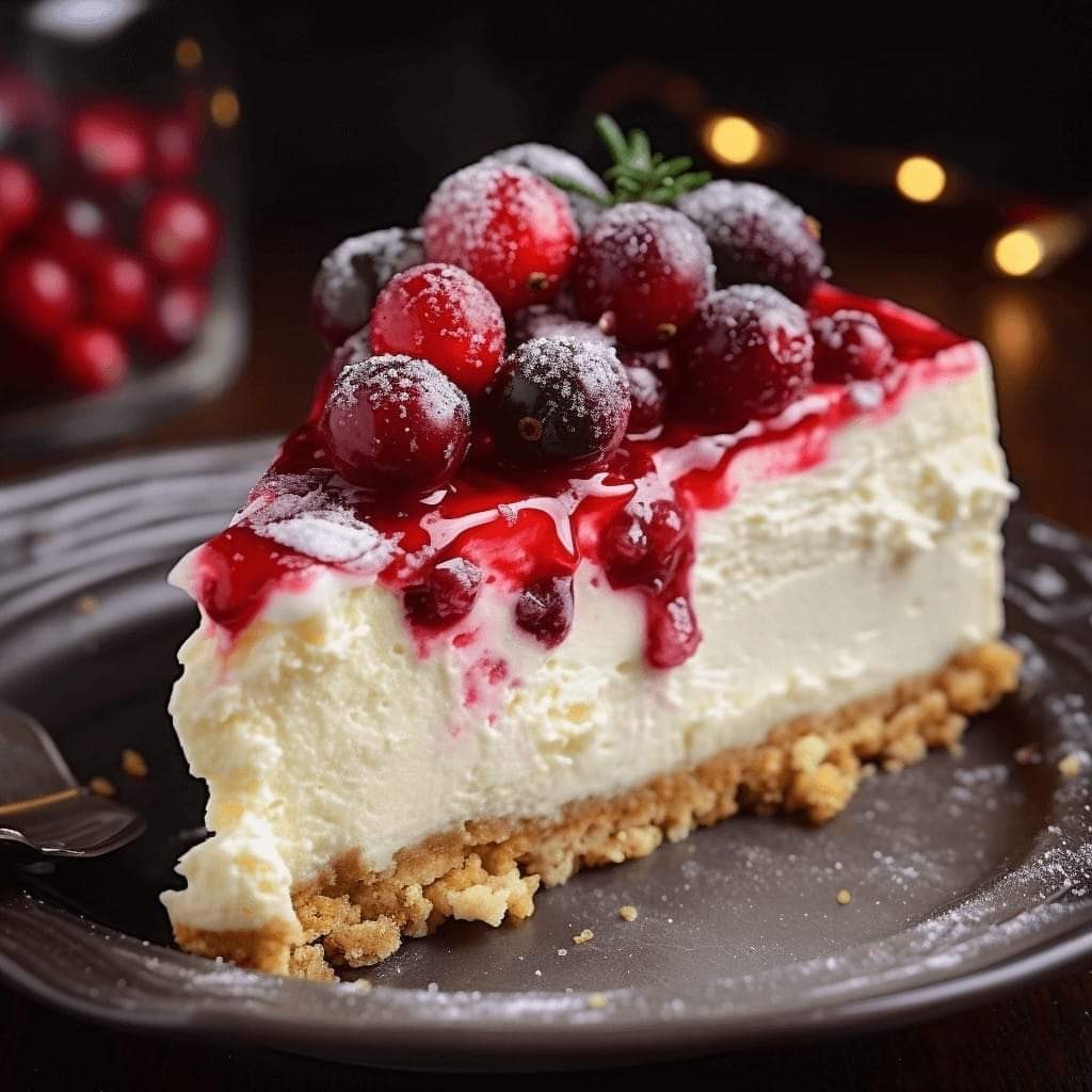 cheesecake topped with a berry compote and dusted with powdered sugar
