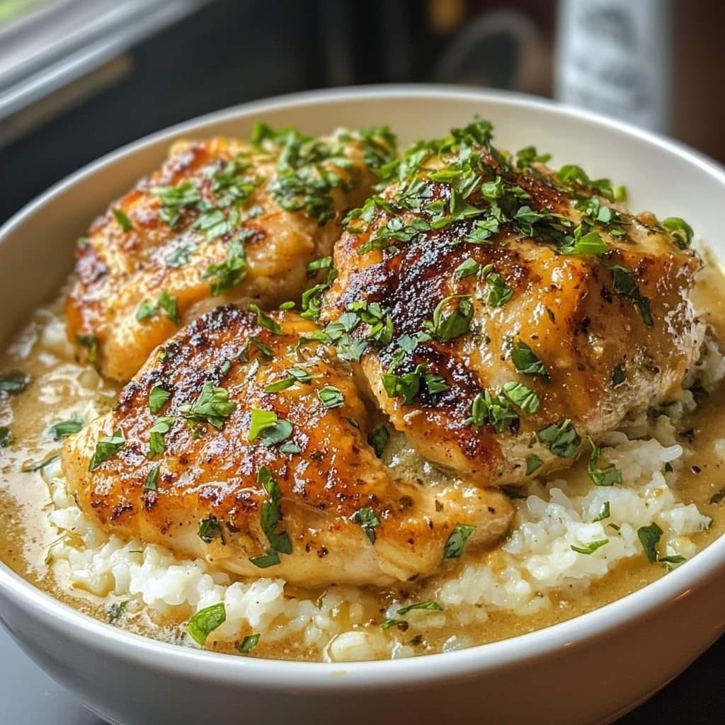 Creamy Garlic Herb Chicken Thighs Over Rice Cyssero